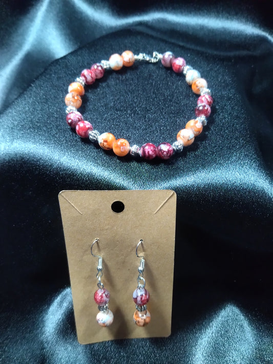 Peach Blush & Burgundy Bloom - Bracelet and Earring Set